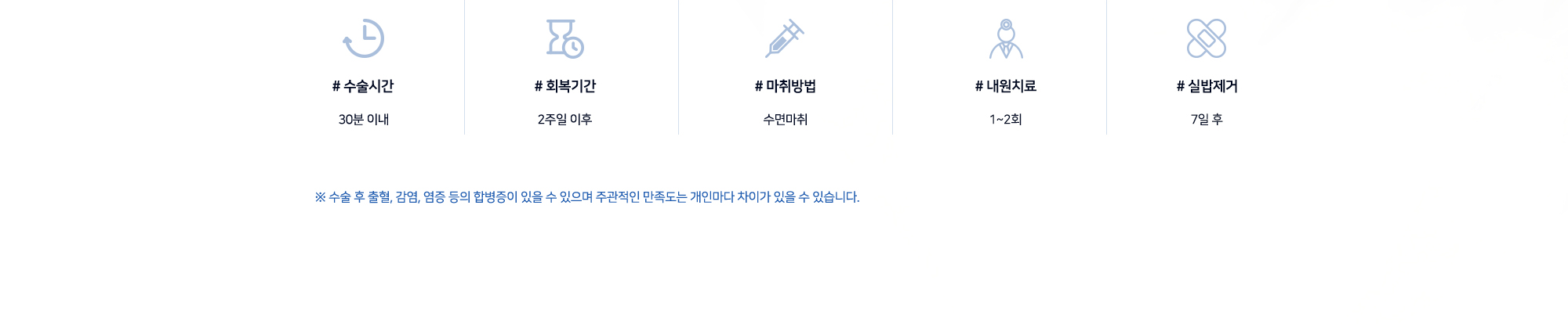 # 수술시간 30분 이내 # 회복기간 2주일 이후 # 마취방법 수면마취 # 내원치료 1~2회 # 실밥제거 7일 후 ※ 수술 후 출혈, 감염, 염증 등의 합병증이 있을 수 있으며 주관적인 만족도는 개인마다 차이가 있을 수 있습니다.