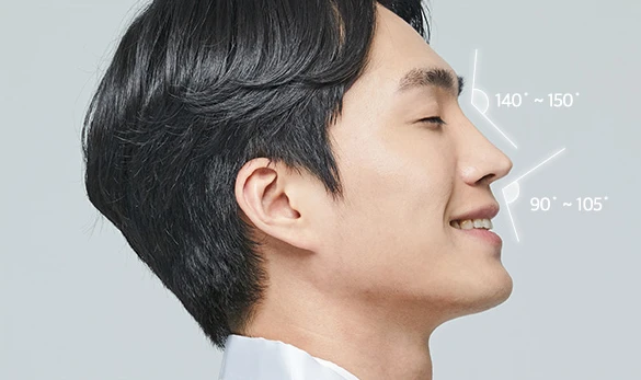 남자코성형 측면 기준 — 140°~150° · 90°~105°
