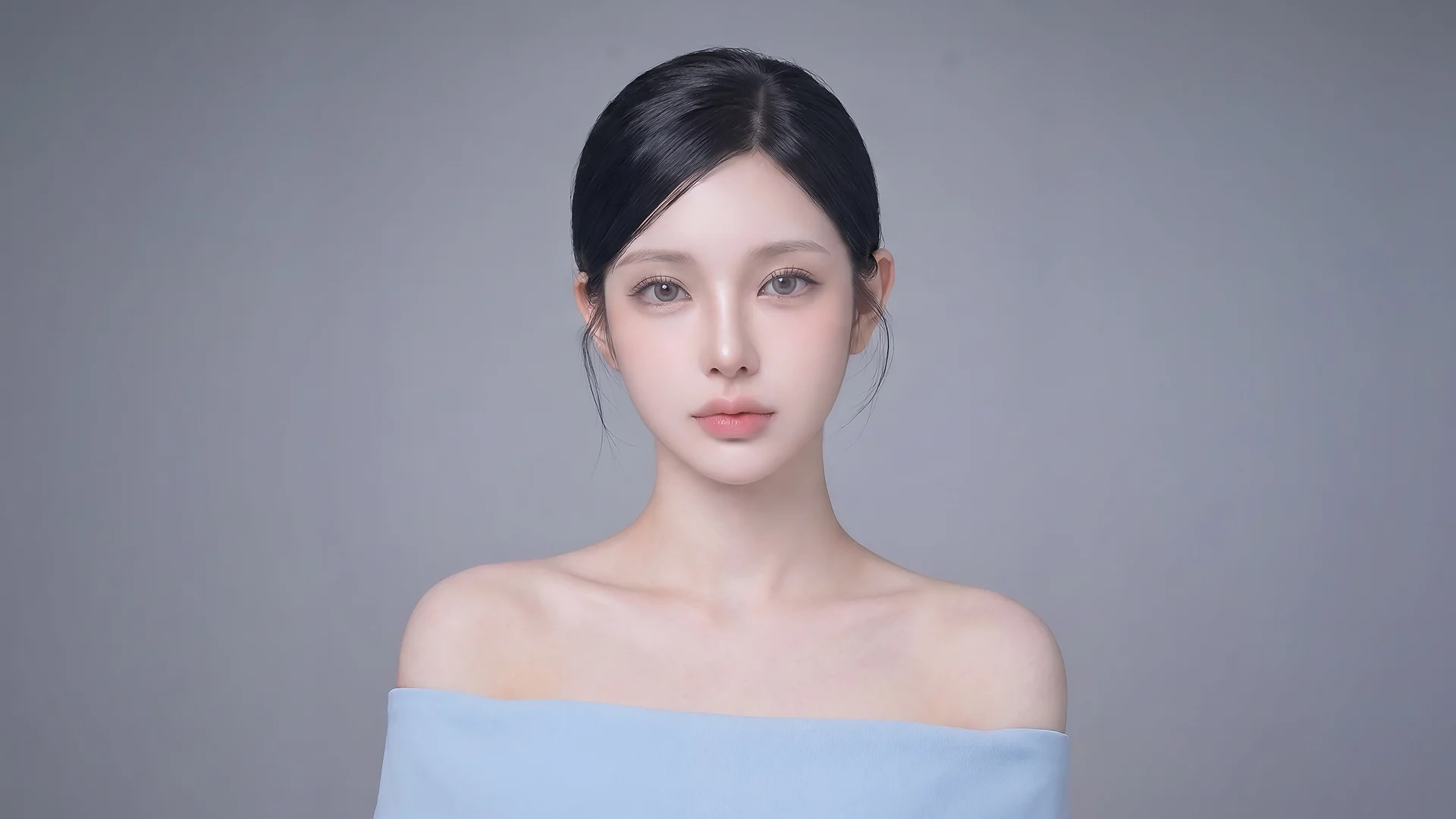 필러·보톡스 메인 비주얼, 정면을 바라보는 여성의 균형 잡힌 얼굴 윤곽 초상